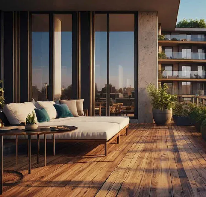 Wood-decked balcony with a daybed