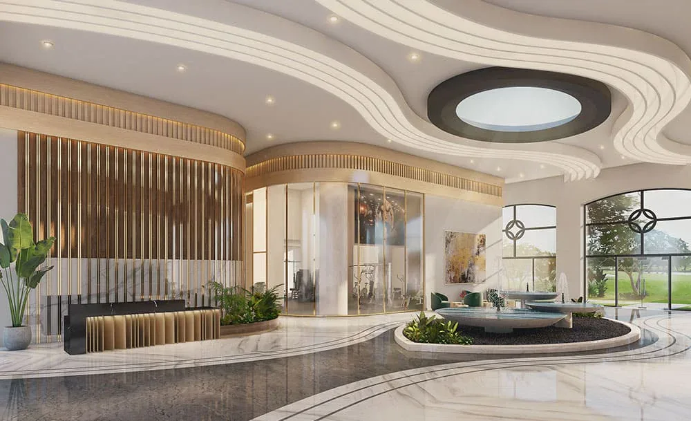 Lobby under a curved ceiling with an oval skylight