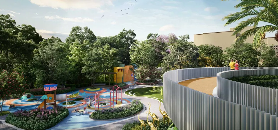 Kids' play garden beside the curved deck