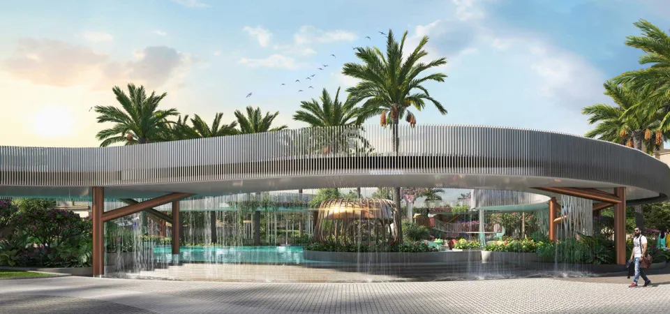 Finned ring pavilion over water, ringed by palms